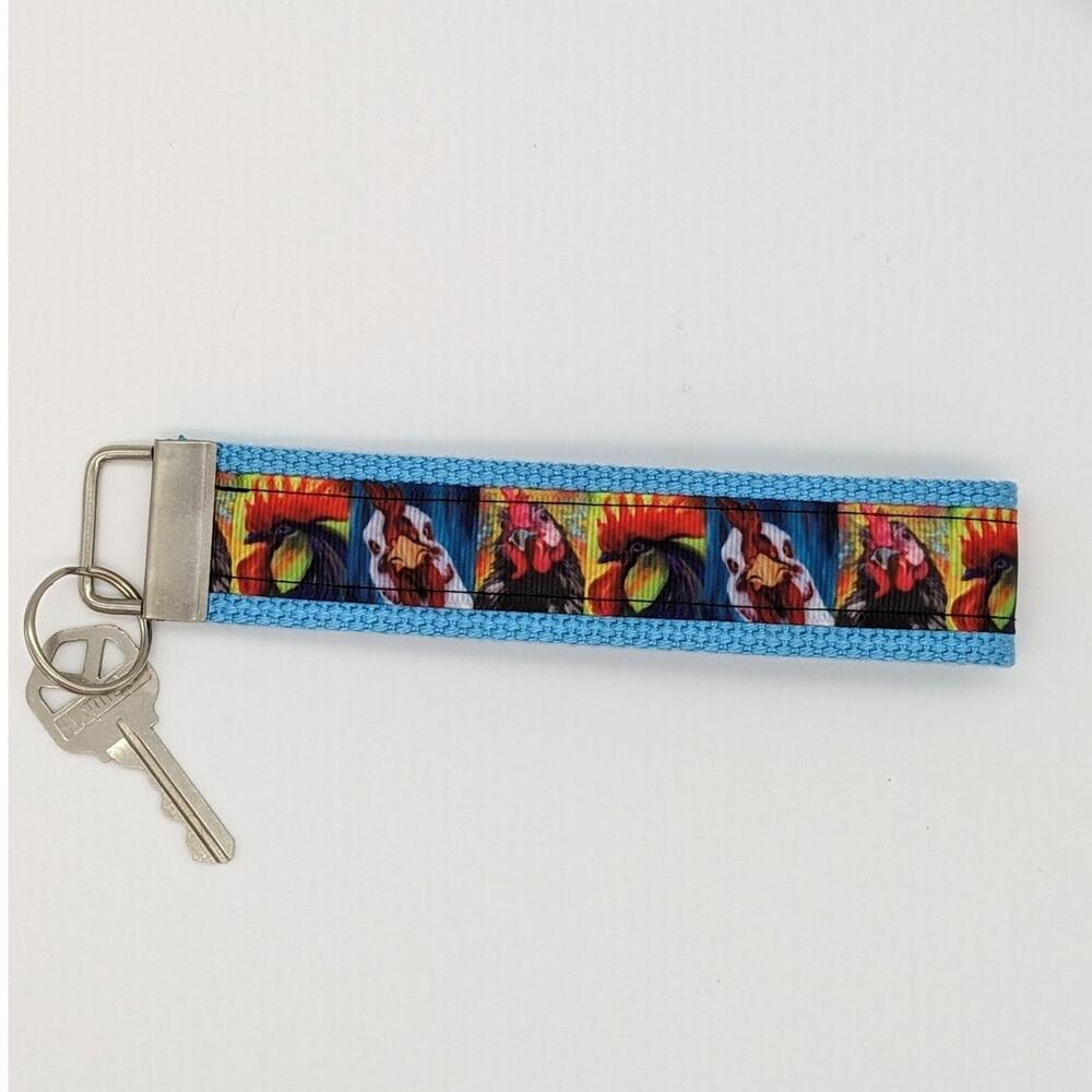 Chicken Rooster Keychain Wristlet Boho Fabric Key Ring FOB Farm Animal Farmhouse